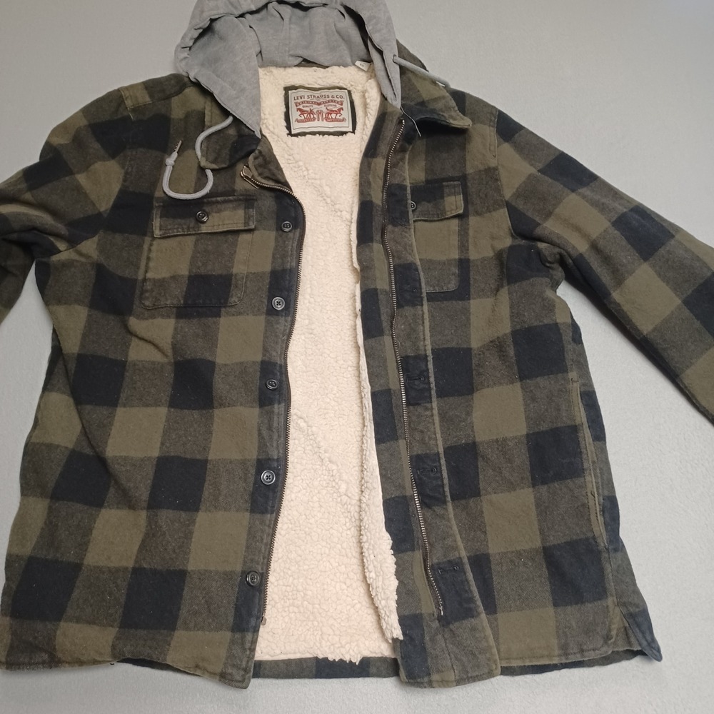Levi's Shirt Jacket Mens XL Green Buffalo Plaid Sherpa Lined Hooded Flan Shacket - Picture 12 of 15